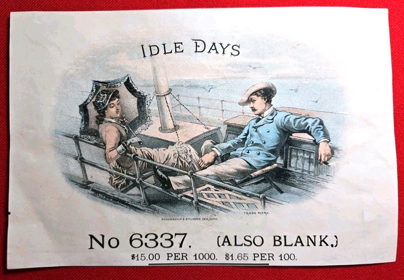 Orig. Salesman's Sample Inner Cigar Box Label IDLE DAYS-Schumacher & Ettinger NY