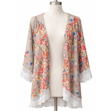 Umgee Floral Kimono M/L Tan Coral Yellow Crochet Trim Boho Festival Cottage FLAW
