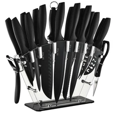 EUNA 19-Piece Kitchen Knife Set, Sharpener, Acrylic Block, Chef, Steak, Bread...