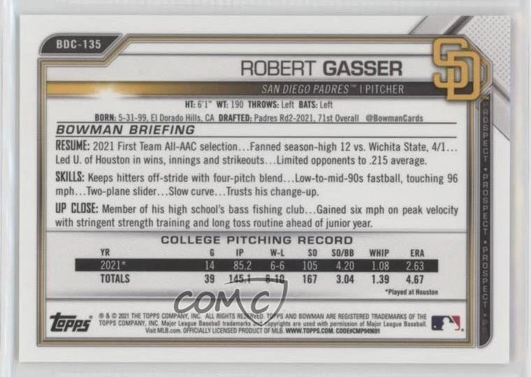 2021 Bowman Chrome Draft Sapphire Edition Yellow /99 Robert Gasser #BDC-135 - Image 2 of 2