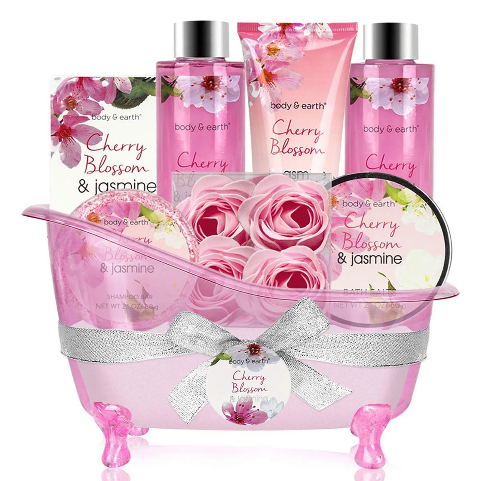 BODY & EARTH 8pcs Pamper Gifts for Women with Cherry Blossom&Jasmine, Includes