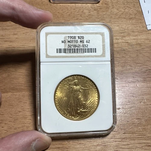 US Gold $20 Saint-Gaudens Double Eagle NGC MS62 1908 No Motto Old Label