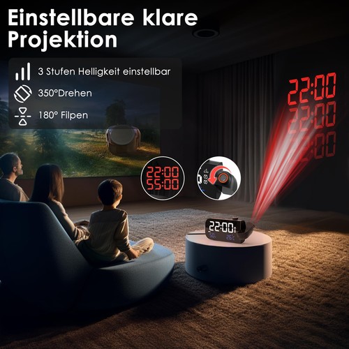 Radiowecker Uhrenradio mit Projektion, 2 Weckzeiten Display dimmbar Sleep/Snooze - Bild 5 von 10
