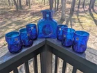 Blenko Cobalt Blue Pitcher and 6 Pinched Dimple 4.5” Handblown Glass Tumblers