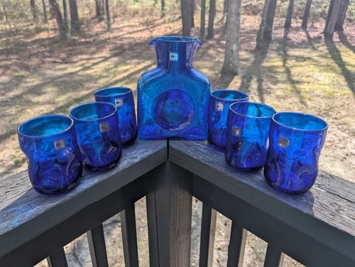 Blenko Cobalt Blue Pitcher and 6 Pinched Dimple 4.5” Handblown Glass Tumblers