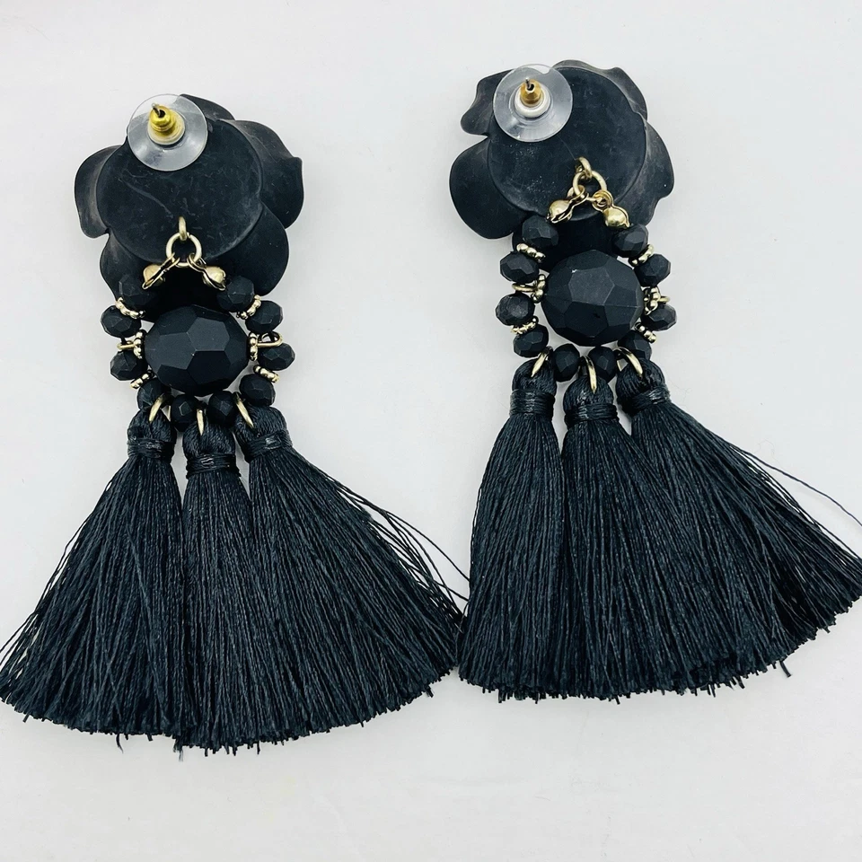 Pendientes perforados con borla rosa negra 3,75" longitud plumero flecos desfile arrastre Foto 4 de 4