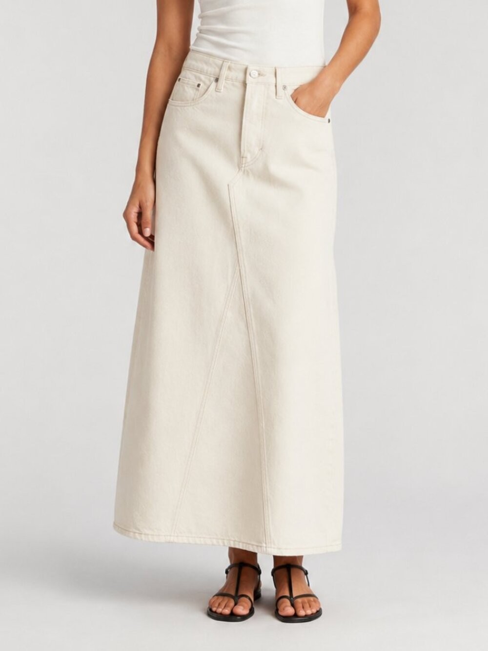 H&M Denim Skirt Sz XXL Cream High Waist Button Fly A-Line Midi Maxi Western Boho