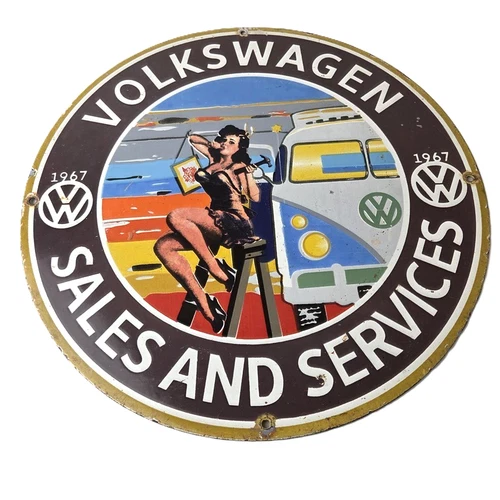 Vintage Volkswagen Sign - Sales Dealership VW Automobile Gas Pump Porcelain Sign