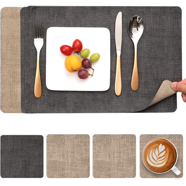 Tischsets Abwaschbar Kunstleder Doppelseitig Rutschfest 4Er Set Grau Beige-image