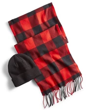Club Room Men's Solid Black Beanie & Red Plaid Scarf Set Fringe Knit MSRP $40