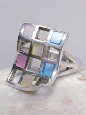Size P Sterling Silver 925 Ring Mother of Pearl ladies vintage wavey unusual