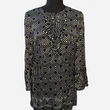Tory Burch Navy White Geometric Ruffle Sleeve Tunic Blouse Rayon Silk Size 4