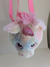 Multicolor Unicorn Plush Backpack with Pink Strap, Zip Closure, Faux Fur, Small
