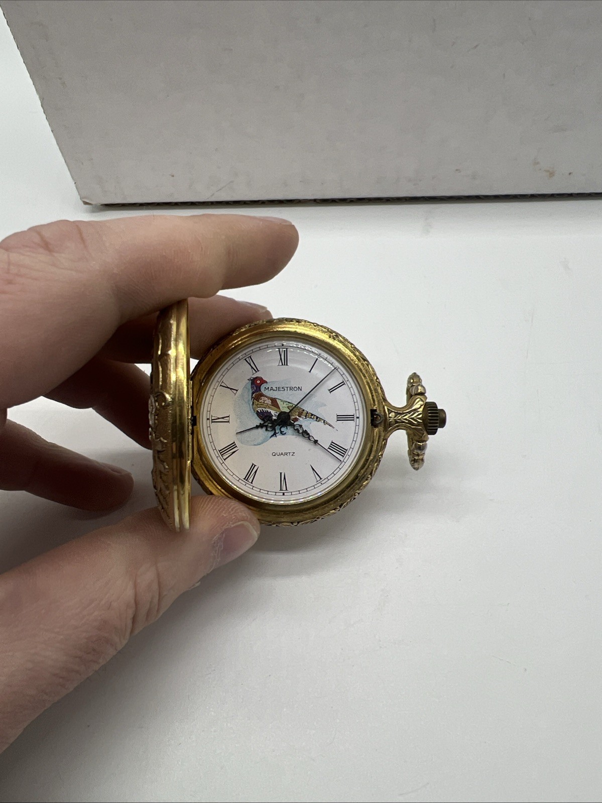 Majestron Mens Quail Stainless Steel Gold Flip Quartz Pocket Watch Parts Read
