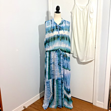 NWT DEX 2X MAXI DRESS CHIFFON TIE  DYE  BLUE GREEN OCEAN RESORT BEACH