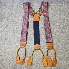 Vintage Brass Leather and Silk Sailboat Button Style Suspenders USA Made