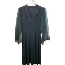 Vintage Black Dress Womens M Sheer Long Sleeves Collared Neckline Elegant Design
