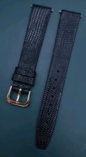 16mm LIZARD GRAIN CALF LEATHER BLACK WATCH STRAP, GOLD BUCKLE, SPRING BARS INC