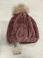 NWT 2 Chic Chenille Hat Faux Fur Pom Pom Pink Beanie 100% Polyester One Side