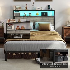 Metal Bed Frame Full Queen King Bed with Storage Headboard Charging Station