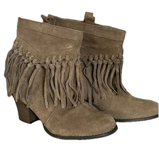 Sbicca Sound Leather Fringe Booties Women's 8 Brown Suede Leather Boho Western