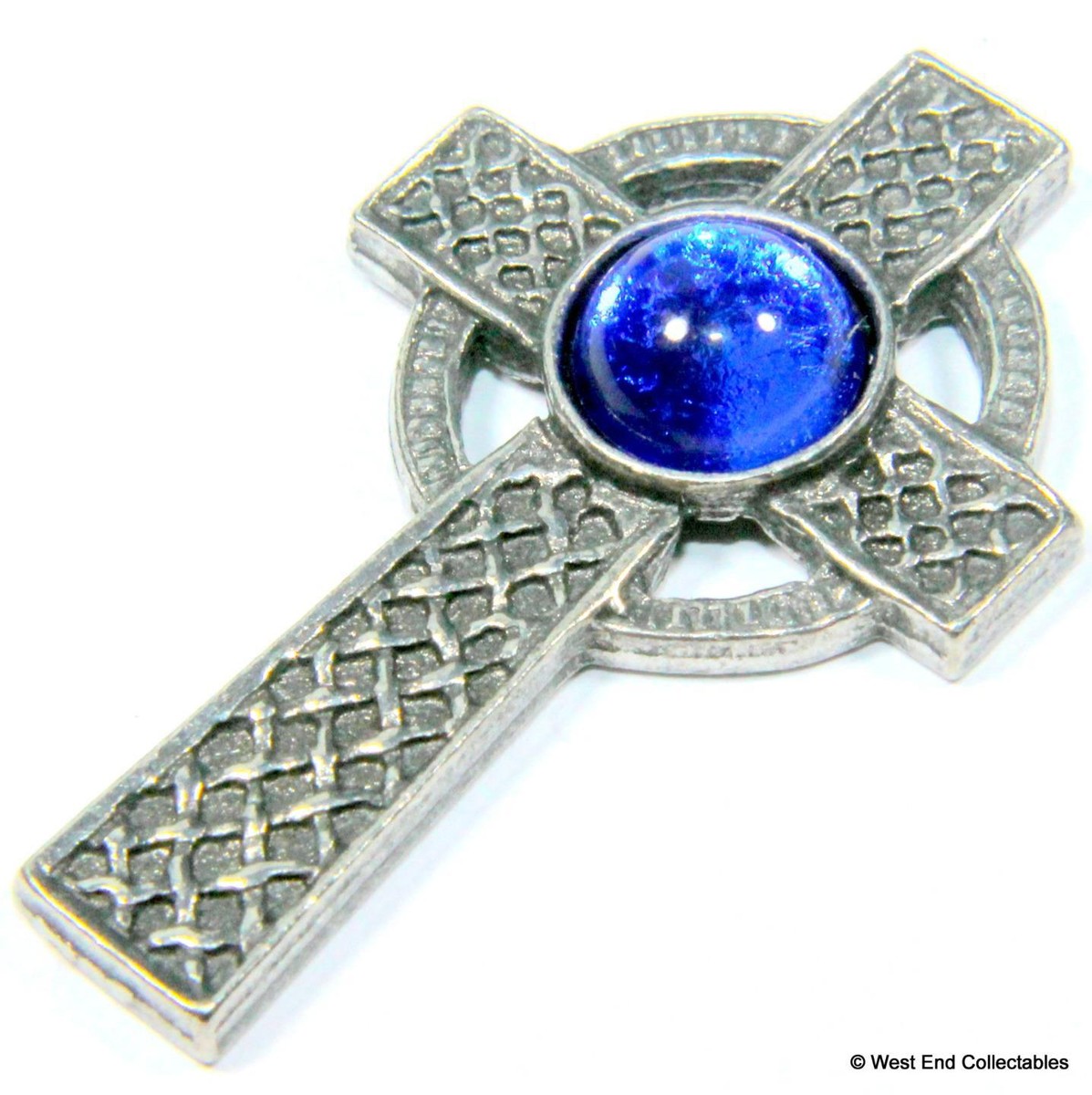 Spilla Croce Celtica Blu - Peltro Fatto A Mano UK - Scottish Irish Gaelic Cross