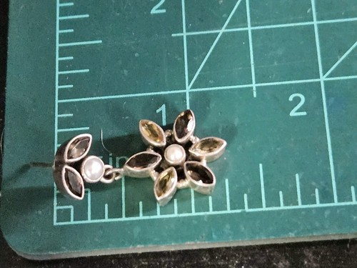 Vintage Sterling Silver Yellow Citrine Smoky Quartz Pearl Flower Dangle Earrings - Picture 10 of 13