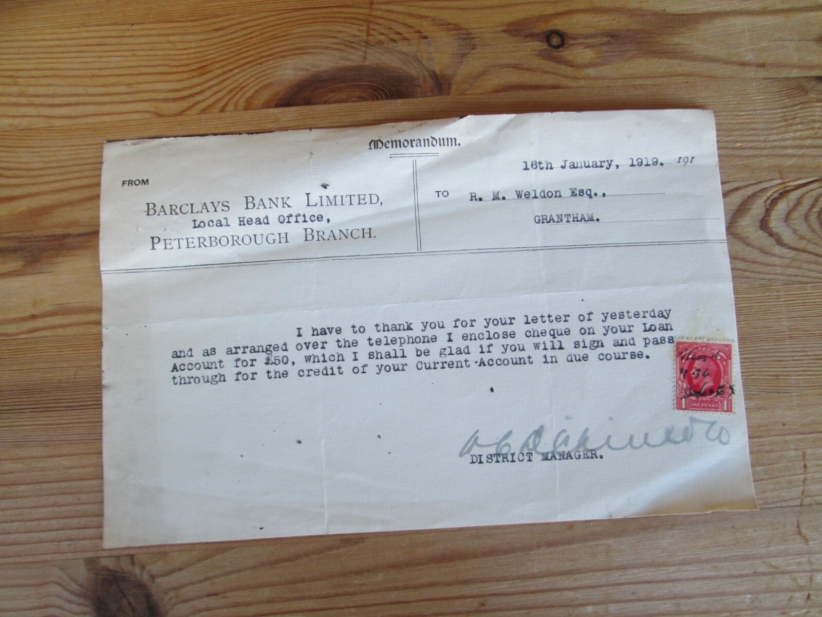 1919 Barclays Bank Peterborough memo by RM Weldon from Grantham