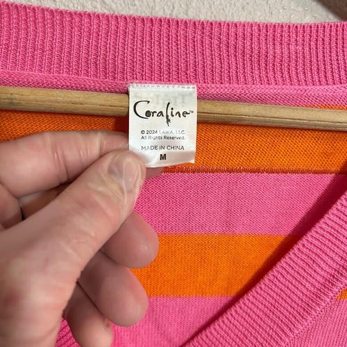 NUEVO Cárdigan Suéter Coraline M Rosa Naranja Espíritu Halloween Botón Frontal Rayas - Imagen 8 de 9