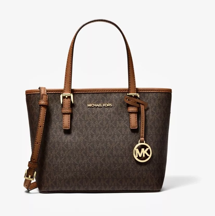 New MICHAEL KORS JET SET TRAVEL BROWN LOGO EXTRA-SMALL TOTE