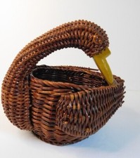 Vintage Goose Swan Duck Curved Neck Brown Wicker Rattan Trinket Floral Basket