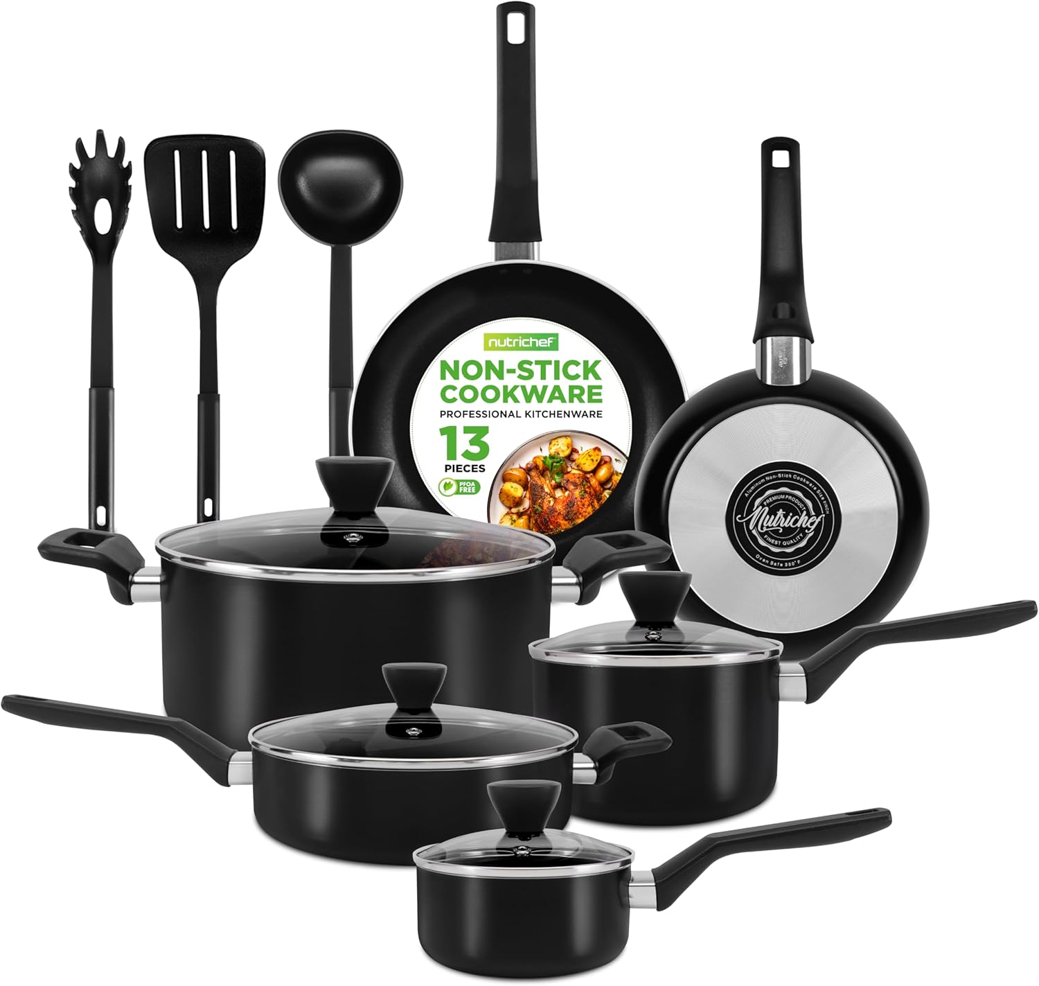 13-Piece Nonstick Cookware - Heat Resistant Kitchen Ware Set W/Saucepan, Frying