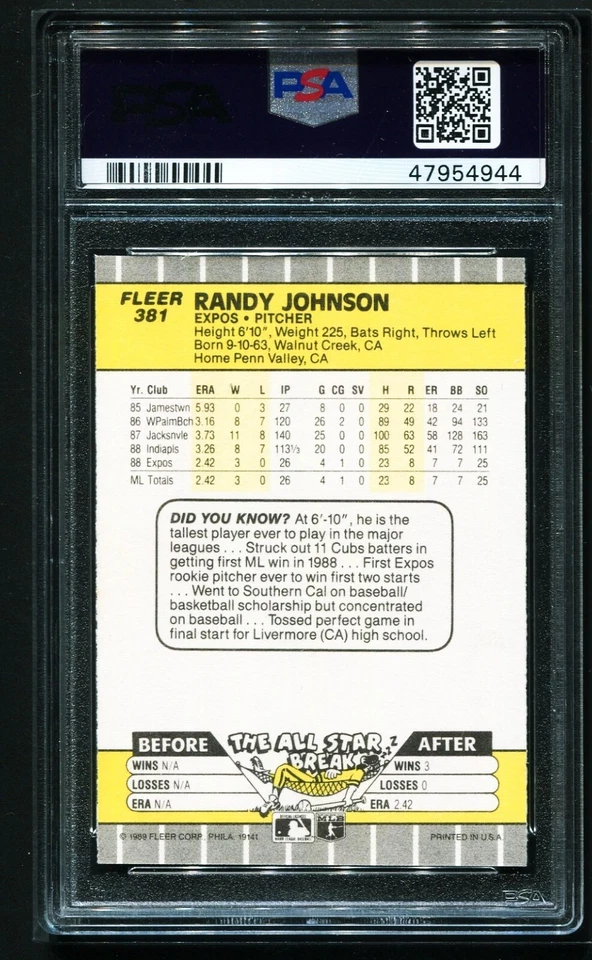 1989 Fleer #381 RANDY JOHNSON Montreal Expos Ad Blacked Out PSA 10 GEM MINT - Image 2 of 3
