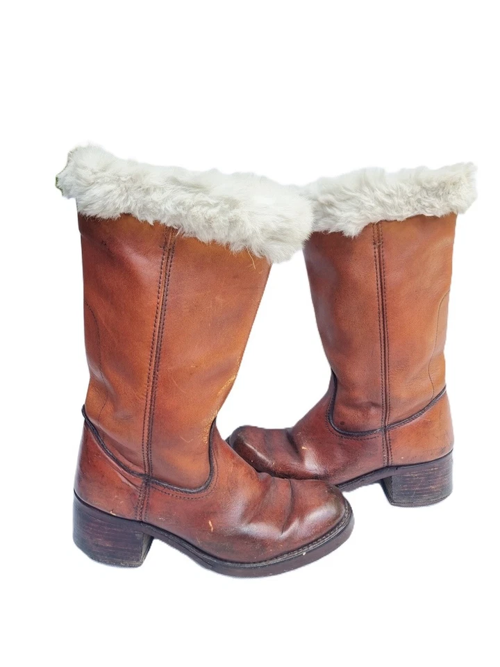 Vintage LEATHER COWBOY BOOTS 41 7 8 Fur Lined Western Cowgirl Hippie Festival - Image 2 of 4