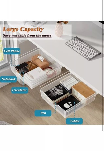 2 Pack Under Desk Drawers Self Adhesive Drawers for Under Desk Storage White - Picture 6 of 9