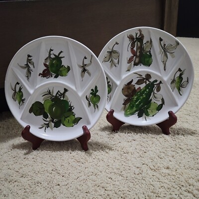 Italian Pottery Divided 9.25'' Dinner Plates Snack Italy Green Brown Vegetables