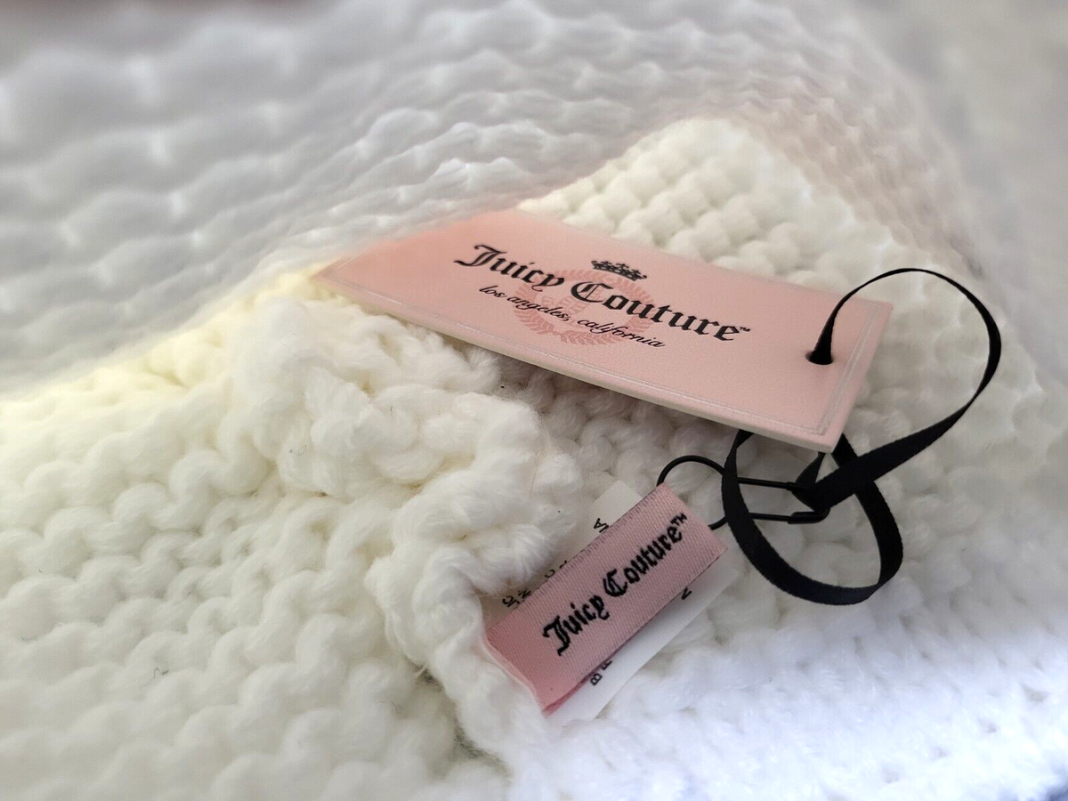 Juicy Couture Womens HAT Beanie WHITE Crochet Knit Hat Pom