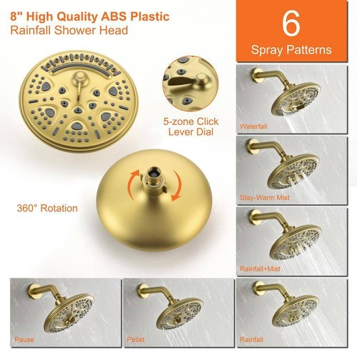 Unbranded Shower Faucets 75"HX6.3"W Single-Handle 6-Spray 2.2 GPM Brushed Gold - Picture 6 of 10