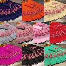 Women's Attractive Soft Net Floral Embroidery Saree with Separate Blouse Piece