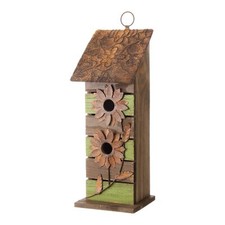 14.5" H Wooden Garden Bird House Hanging Two-Tiered Distressed with Flowers D...