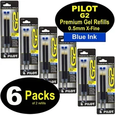 Pilot 77233 G2 Refills, 0.5mm Extra Fine, Blue Gel Ink, 6 Packs of 2 Refills