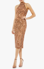 Mac Duggal Sequin Plaid Halter Neck Cocktail Dress in Bronze Size 6