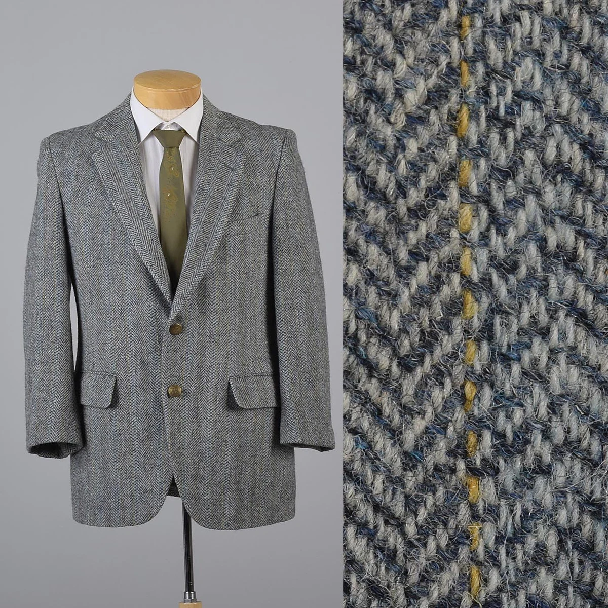 M 1970s Mens Harris Tweed Wool Herringbone Jacket Gray Blue Yellow Stripe 70s