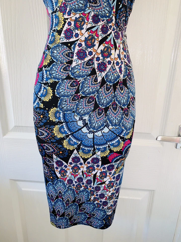 JOSEPH RIBKOFF Blue & Colourful Pecock Sequined Jersey Dress Uk Size 10 - Image 3 of 4