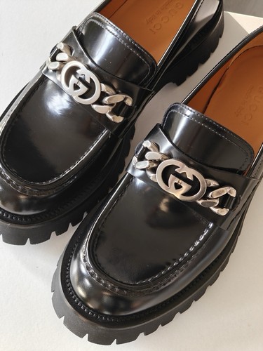 Gucci Herren Schwarz Leder Schwer Halbschuhe GG Schwarz UK 10 US 11 EU 44 Neu Harald 173