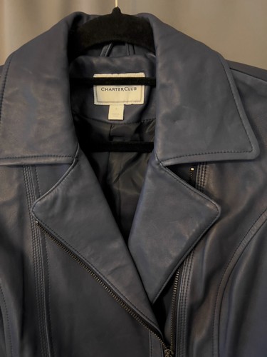 NWoT Charter Club Women's Blue Zip Leather Moto Leather Jacket Size S (W60159) - Picture 2 of 14