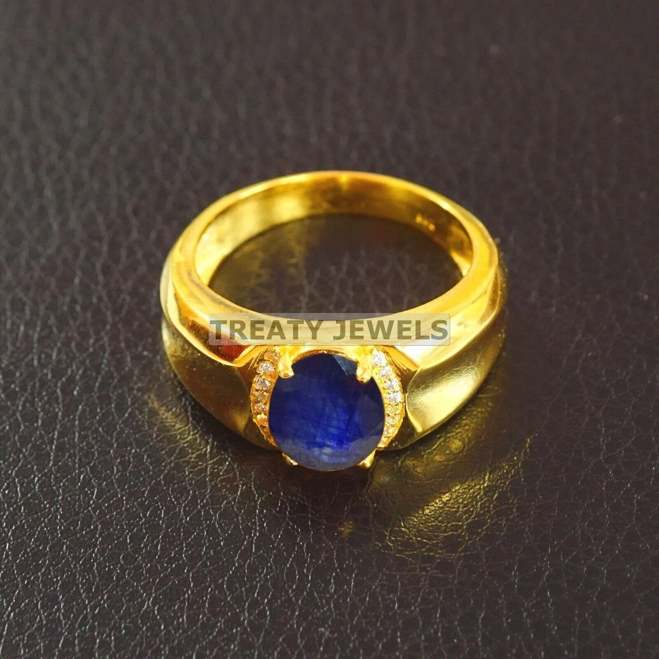 Zafiro azul corte ovalado con anillo chapado en oro de plata de ley 925 para hombre #B585 Foto 4 de 4