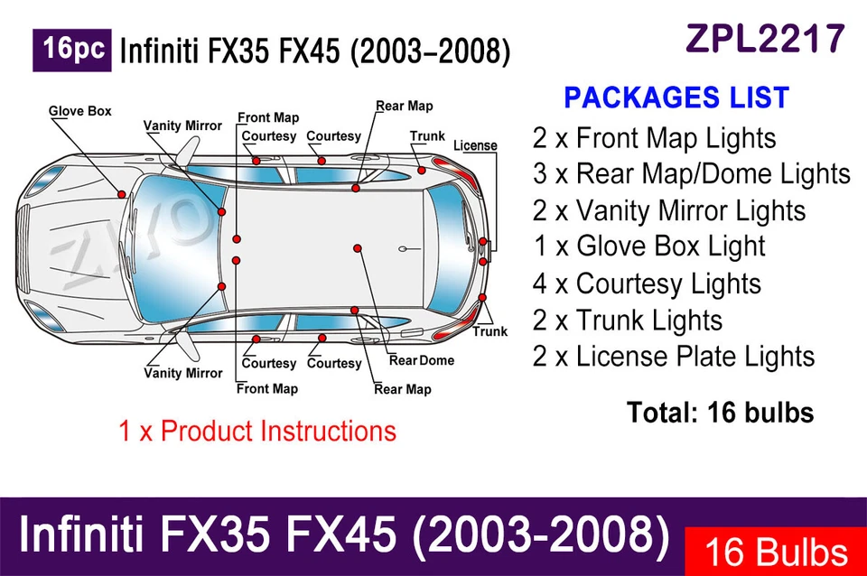 Kit de bombillas interiores LED de 16 piezas para Infiniti FX35 FX45 2003-2008 Foto 2 de 4