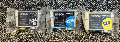 Epson Lot of 3 New 124 Black T124120, Cyan T124220, Yellow T124420