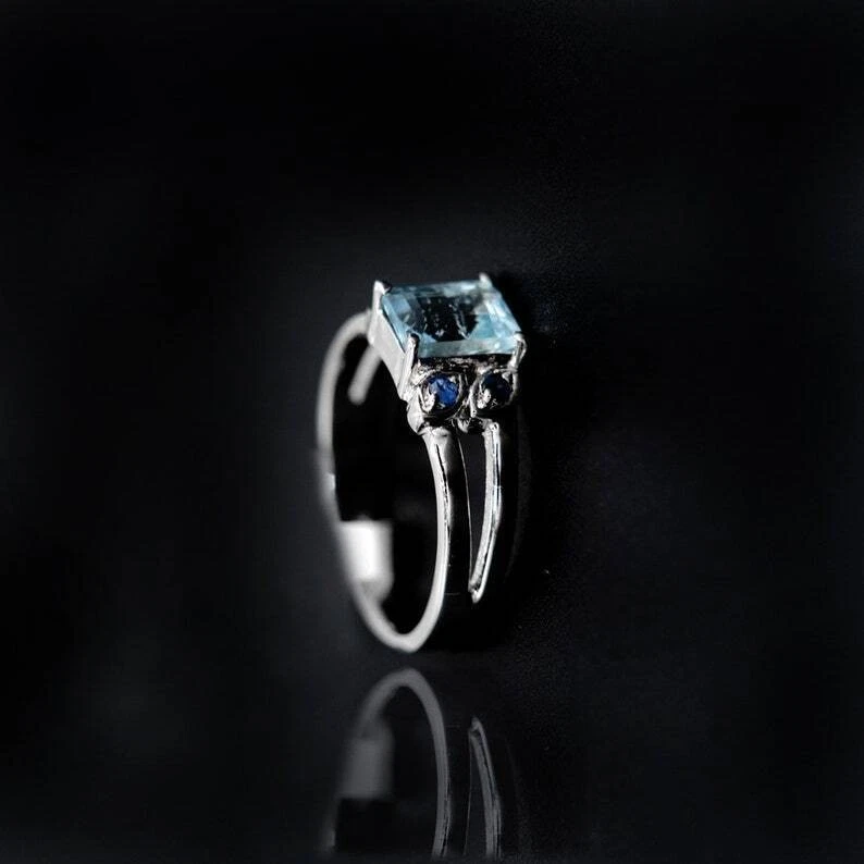 Natürlich Aquamarin und Blau Saphir Edelstein Ring 925 Sterlingsilber Ring C187 - Bild 2 von 4